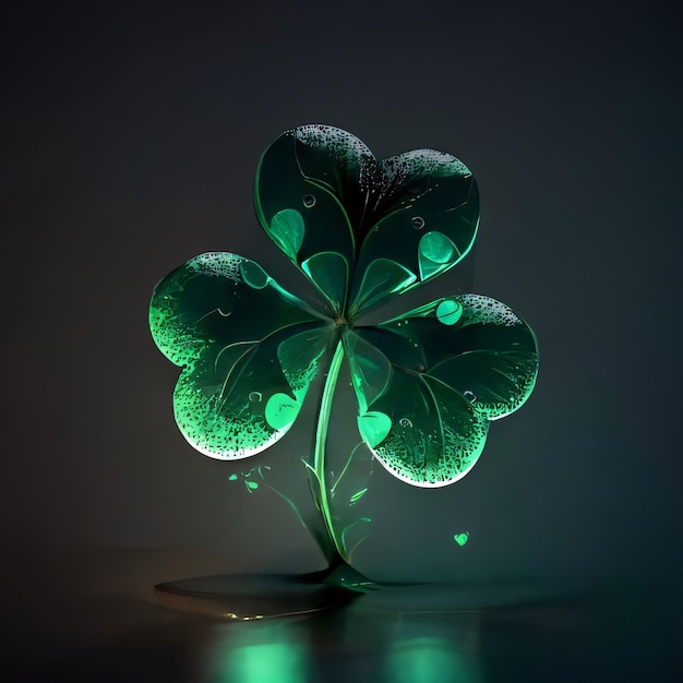 Belle illuminée qui est avec sur un trèfle vert sur un fond sombre comme un arbre le symbole de couleur verte de la fête de Saint-Patrick