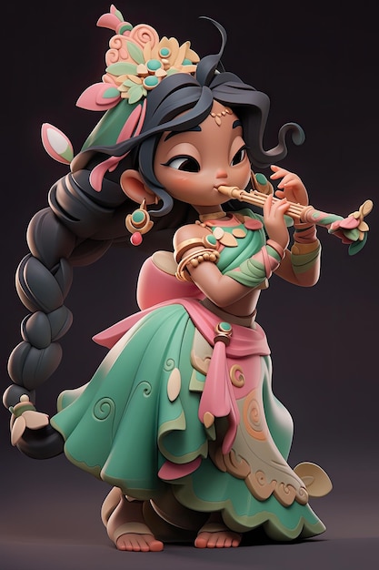 Une belle illustration 3d de la petite déesse Radha avec flûte