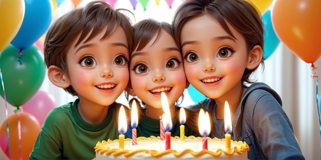 Belle illustration d'anniversaire avec trois enfants souriants et un gâteau d'anniversaire avec des bougies Generative AI