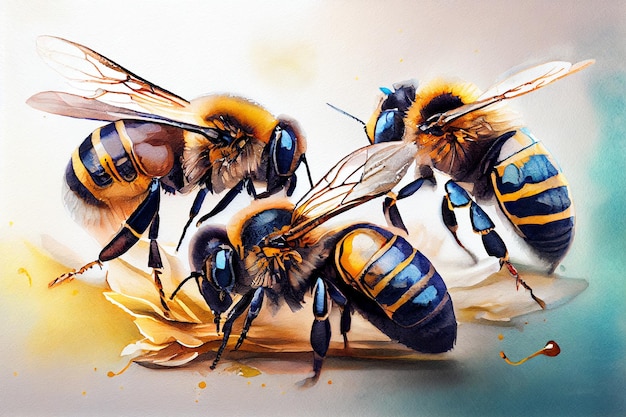 Belle illustration aquarelle d'abeilles réalisée avec une IA générative