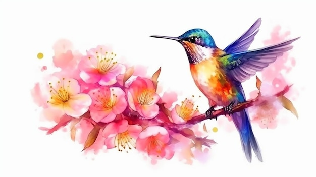Belle illustration aquarelle d'un colibri coloré sur un arbre de bâton avec des fleurs Concept d'une technique de peinture sur une toile avec un fond blanc Generative AI