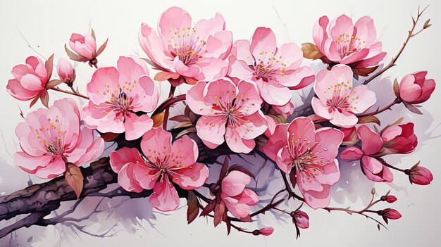 Belle illustration d'aquarelle de fleurs de cerises et de fleurs roses de cerises sakura isolées sur un fond blanc