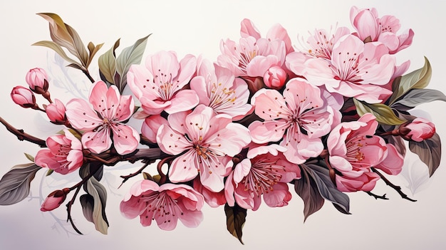 Belle illustration d'aquarelle de fleurs de cerises et de fleurs roses de cerises sakura isolées sur un fond blanc