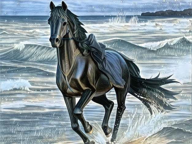 Belle illustration de Black Horse Running in Water. Paysage de la vue mer et cheval noir.