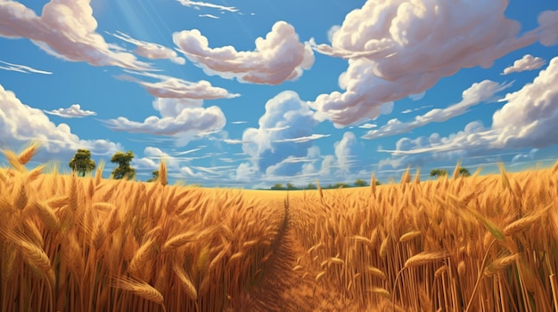 Belle illustration d'un champ de blé mûr contre le ciel bleu Generative AI