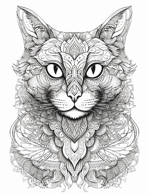 Belle illustration de chat pour livre de coloriage lignes d'encre complexes noir et blanc Generative Ai