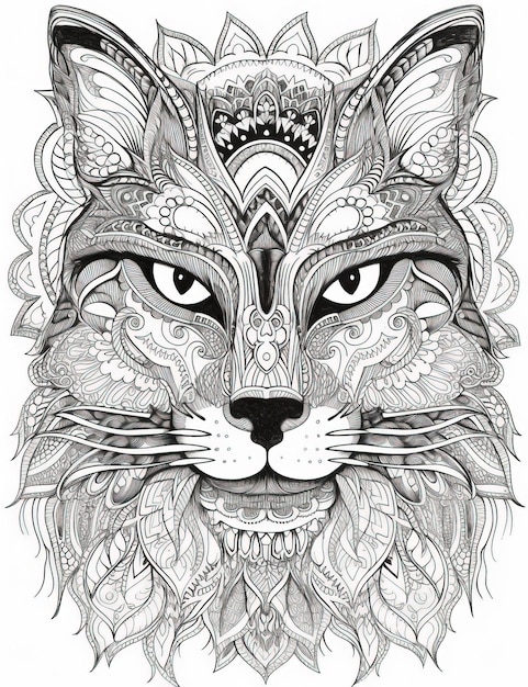 Belle illustration de chat pour livre de coloriage lignes d'encre complexes noir et blanc Generative Ai