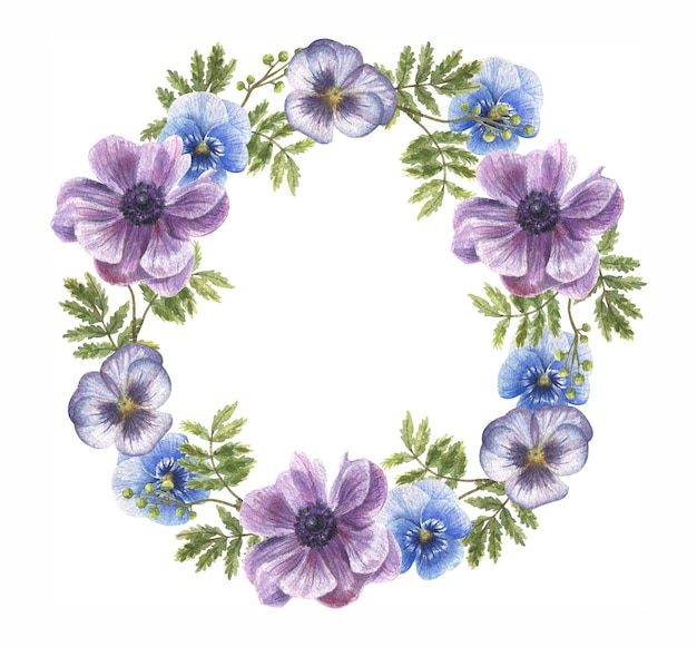 Belle illustration de couronne aquarelle avec anémone délicate aquarelle dessinée à la main et violet