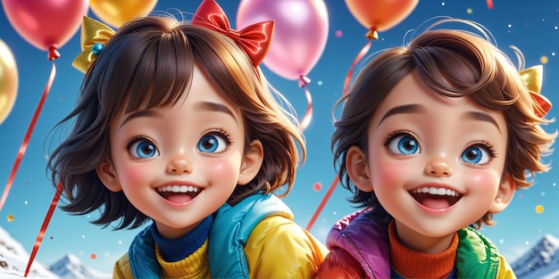 Belle illustration du Nouvel An avec deux enfants souriants habillés de façon festive avec des ballons et des confettis Generative AI