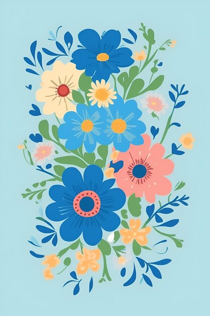 Belle illustration de fleurs composition verticale dans le ton bleu