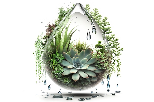 Belle illustration avec goutte d'eau et plantes isolées sur fond blanc Nature flore croissance de l'eau naturalité concept de vie vue rapprochée IA générative