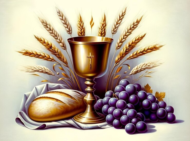 Belle illustration à l'huile pour le corpus christi avec un calice de pain et des raisins