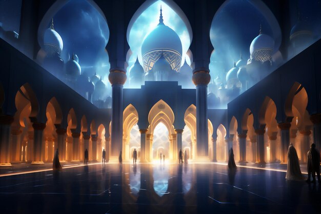 Belle illustration de la mosquée au coucher ou au lever du soleil avec une belle lumière dramatique