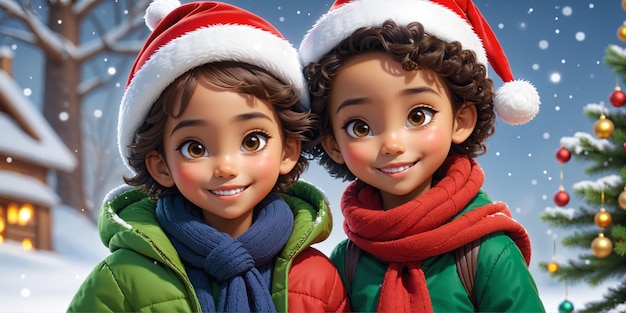 Belle illustration de Noël avec deux enfants souriants habillés de façon festive avec un sapin de Noël décoré et de la neige IA générative