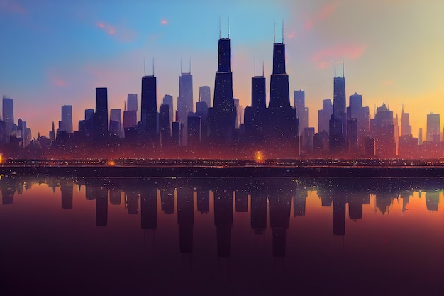 Une belle illustration numérique de Chicago Illinois USA croisière touristique et horizon sur la rivière peinture d'illustration de style art numérique