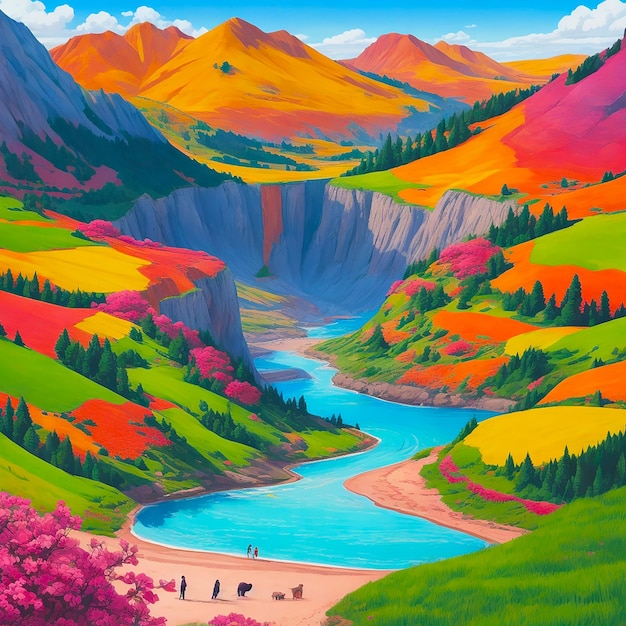 Belle illustration de paysage coloré générée par l'IA