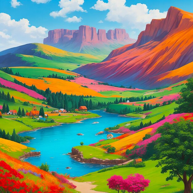 Belle illustration de paysage coloré générée par l'IA