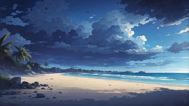 Belle illustration peignant un ciel bleu foncé sur une plage avec des nuages style anime