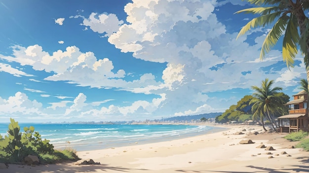 Belle illustration peignant un ciel bleu sur une plage avec des nuages style anime