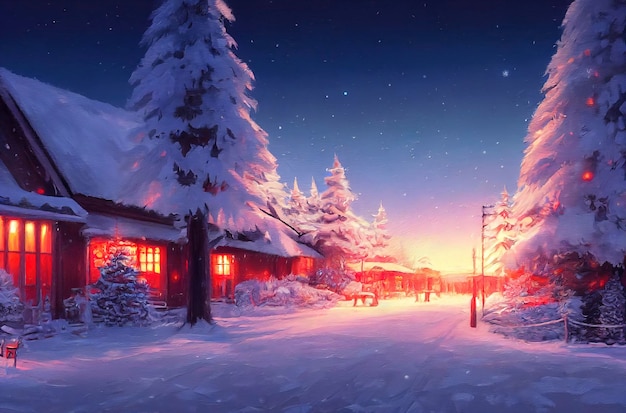 Une belle illustration de scène de Noël en plein air d'une maison de Noël avec un paysage d'hiver enneigé dans un village