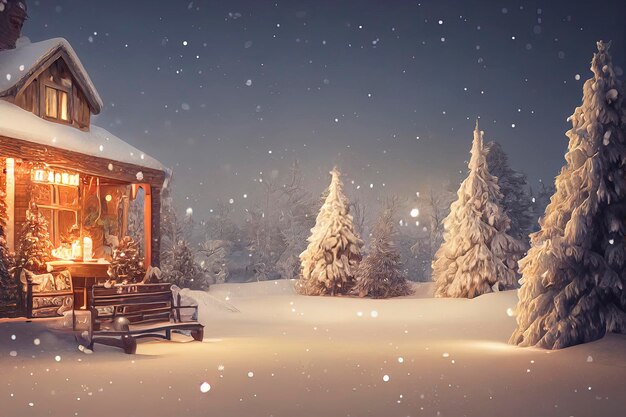 Une belle illustration de scène de Noël en plein air d'une maison de Noël avec un paysage d'hiver enneigé dans un village