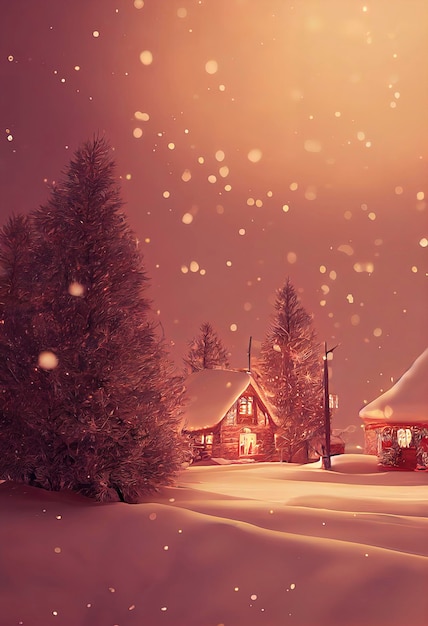 Une belle illustration de scène de Noël en plein air d'une maison de Noël avec un paysage d'hiver enneigé dans un village