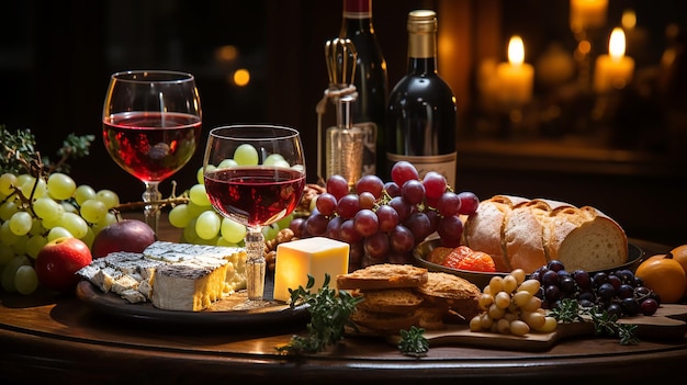 Belle illustration d'une table de Noël avec des délices, des boissons, des baies et des fruits avec des éléments festifs et des lumières générées par l'IA