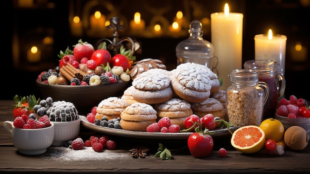 Belle illustration d'une table de Noël avec des desserts, des biscuits au pain d'épice, des pâtisseries, des boissons, des baies et des fruits avec des éléments festifs et des lumières générées par l'IA