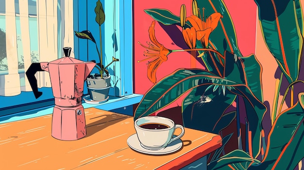 Photo une belle illustration d'une tasse de café et d'une cafetière sur une table devant une fenêtre il y a des plantes et des fleurs en arrière-plan