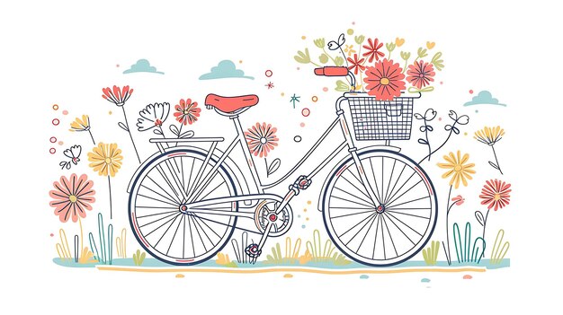 Une belle illustration d'un vélo avec un panier plein de fleurs Le vélo est blanc avec un siège rouge et un guidon