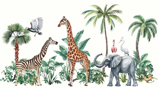 Photo une belle illustration vintage tropicale clip art à l'arrière-plan avec des grues japonaises des éléphants des girafes et un héron isolé sur blanc