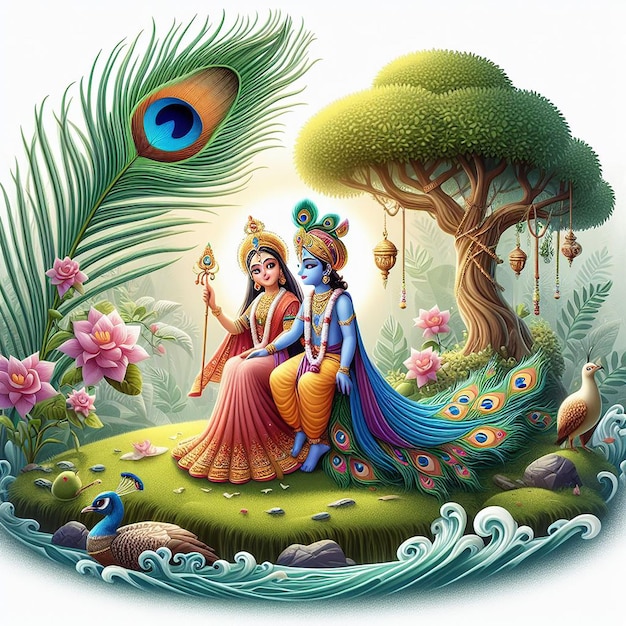 Une belle image en 3D du Seigneur RadhaKrishna, un papier peint, une affiche, une bannière de style Janmashtami a été générée.