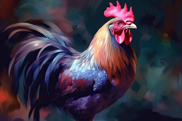 Une belle image d'un beau coq dans les tons de violet clair et d'azur foncé ressemblant à une peinture Generative AI