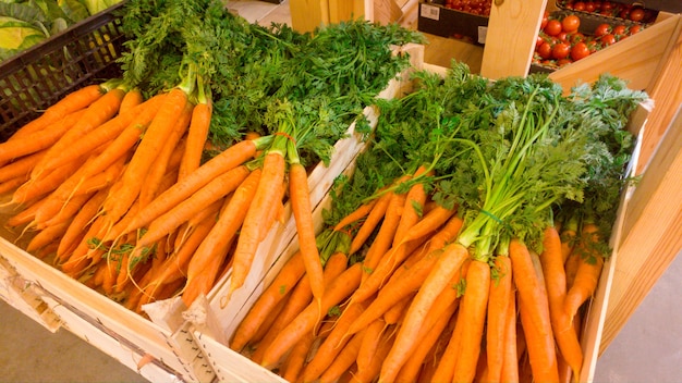 Belle image de carottes biologiques fraîches avec OGM dans des caisses en bois au magasin de légumes. Gros plan texture ou motif de légumes mûrs frais. Beau fond de nourriture