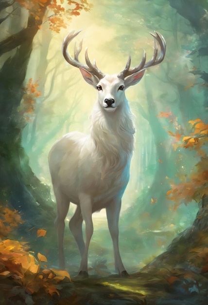 Belle image d'un cerf blanc en or et en brun vibrant du paysage forestier de l'automne