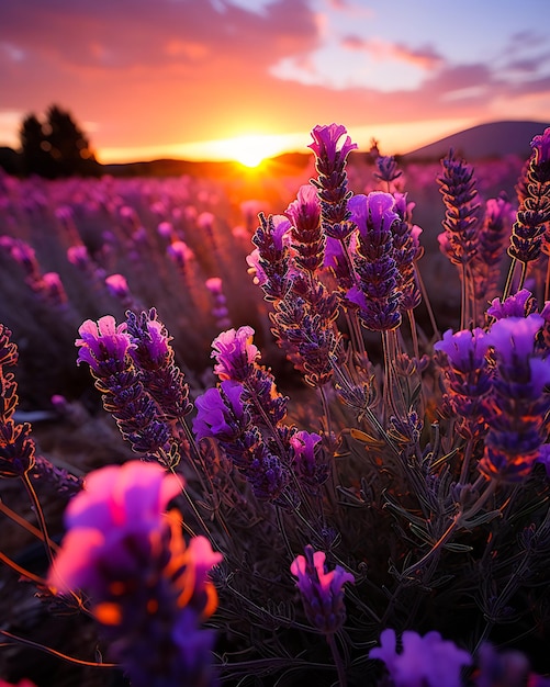 Belle image d'un champ de lavande sur un paysage de coucher de soleil d'été Les rayons du coucher de soleil sur une l IA générative