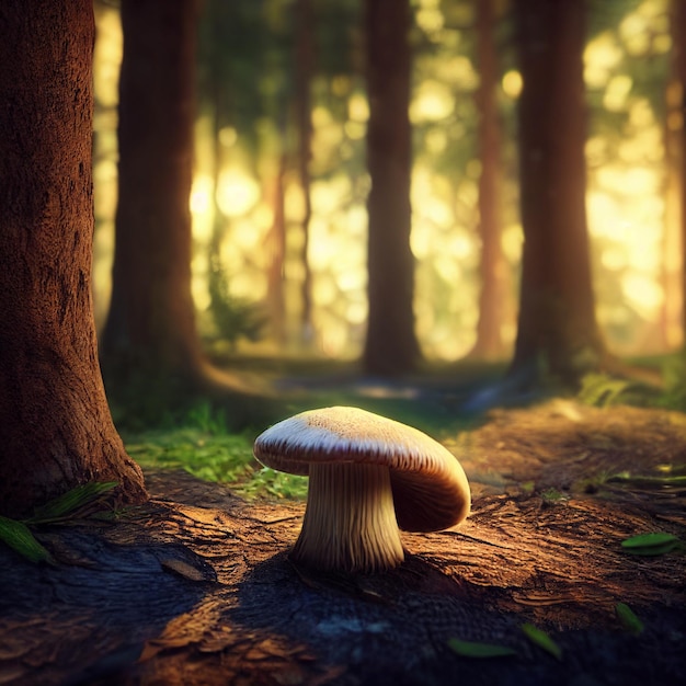 Une belle image d'un champignon dans une pinède sous un arbre
