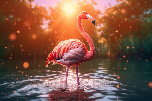 Belle image de collage image générée par ai de flamant rose grand oiseau solitaire dans l'étang d'eau rechercher des aliments matin soir crépuscule