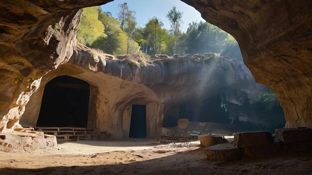 Belle image en couleur de la grotte avec la lumière du soleil qui brille à travers le modèle d'afficheImage de photographie Ai générée par l'art