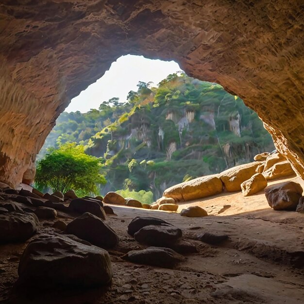 Belle image en couleur de la grotte avec la lumière du soleil qui brille à travers le modèle d'afficheImage de photographie Ai générée par l'art