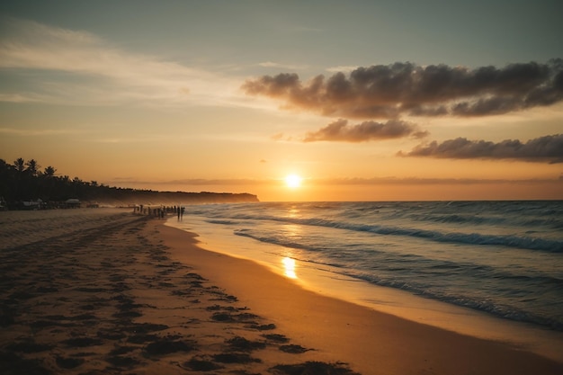 Photo une belle image du coucher de soleil sur la plage se détendre le stress rend l'esprit paisible vrai sentiment de l'arbre de plage