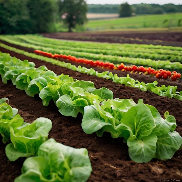 Une belle image d'une ferme cultivant de la laitue avec beaucoup de feuillage vert gneuré par l'IA