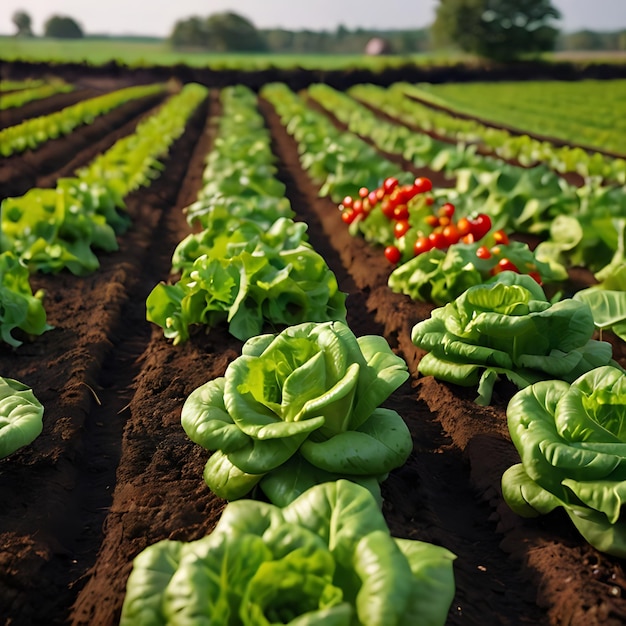 Une belle image d'une ferme cultivant de la laitue avec beaucoup de feuillage vert gneuré par l'IA