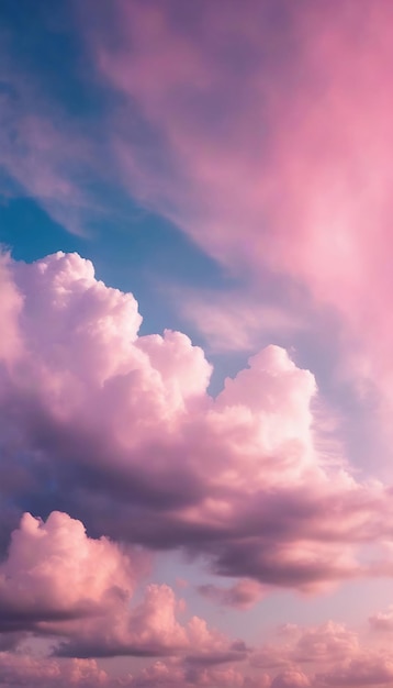 Photo belle image de fond d'un ciel bleu romantique avec des nuages roses moelleux et moelleux