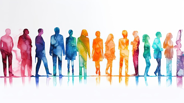 Belle image d'un groupe de personnes silhouettes debout dessinées dans le style d'aquarelles colorées IA générative