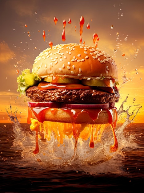Photo une belle image d'un hamburger explosif éclaboussé de sauce dans le style de la photoréaliste