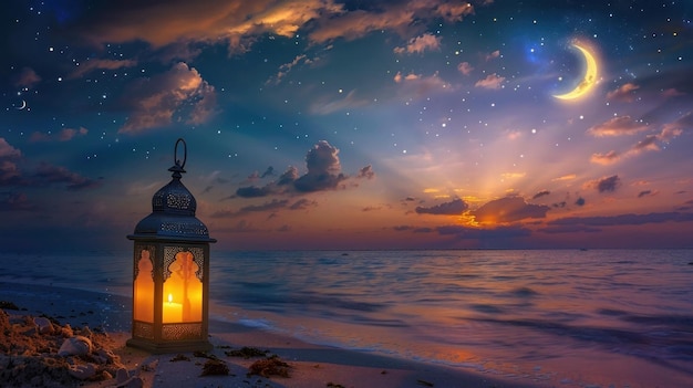 Une belle image d'une lampe de lanterne sur la plage avec un croissant de lune dans le ciel nocturne avec un