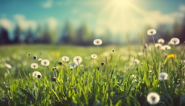 Belle image naturelle lumineuse d'une prairie de printemps d'herbe fraîche avec des pissenlits avec un fond flou