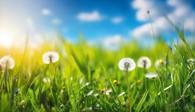 Belle image naturelle lumineuse d'une prairie de printemps d'herbe fraîche avec des pissenlits avec un fond flou