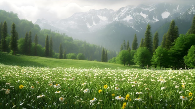 Une belle image de paysage avec des fleurs sauvages qui fleurissent dans une prairie.